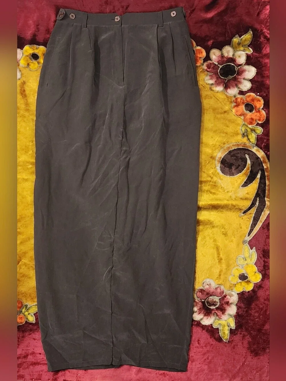 100% Silk High-Waist Brown Pencil Maxi Skirt with Button Details -August Silk